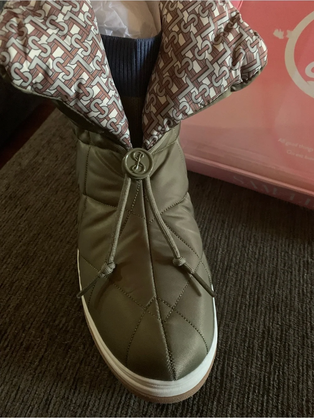 Sam & Libby Olive Quilted Ankle Boot with Patterned Cuff